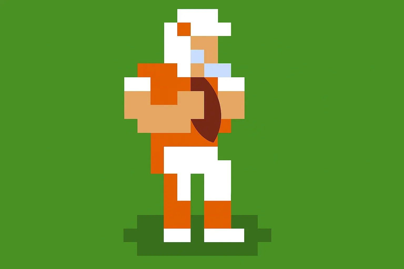 A pixelated football player in an orange jersey holding a football.